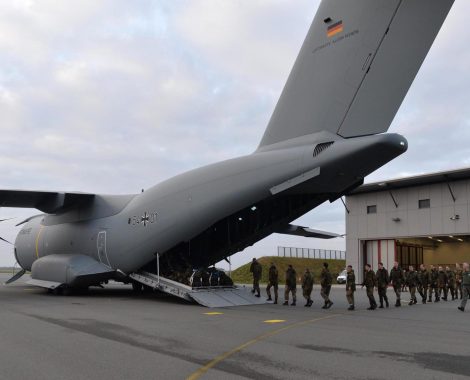 Personnel of the 51st squadron Immelmann enter an Airbus A400M military aircraft before taking off from the German army Bundeswehr airbase in Jagel, northern Germany, December 10, 2015. Germany deploys two Tornado reconnaissance jets and 40 troops to Turkey to back the fight against the Islamic State group in Syria.
